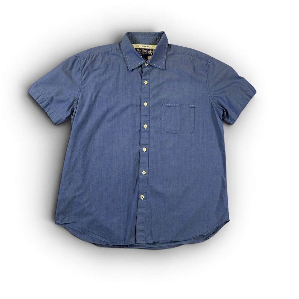 Nat Nast Shirt Mens Large Blue Silk Blend American Fit Short Sleeve Luxury
